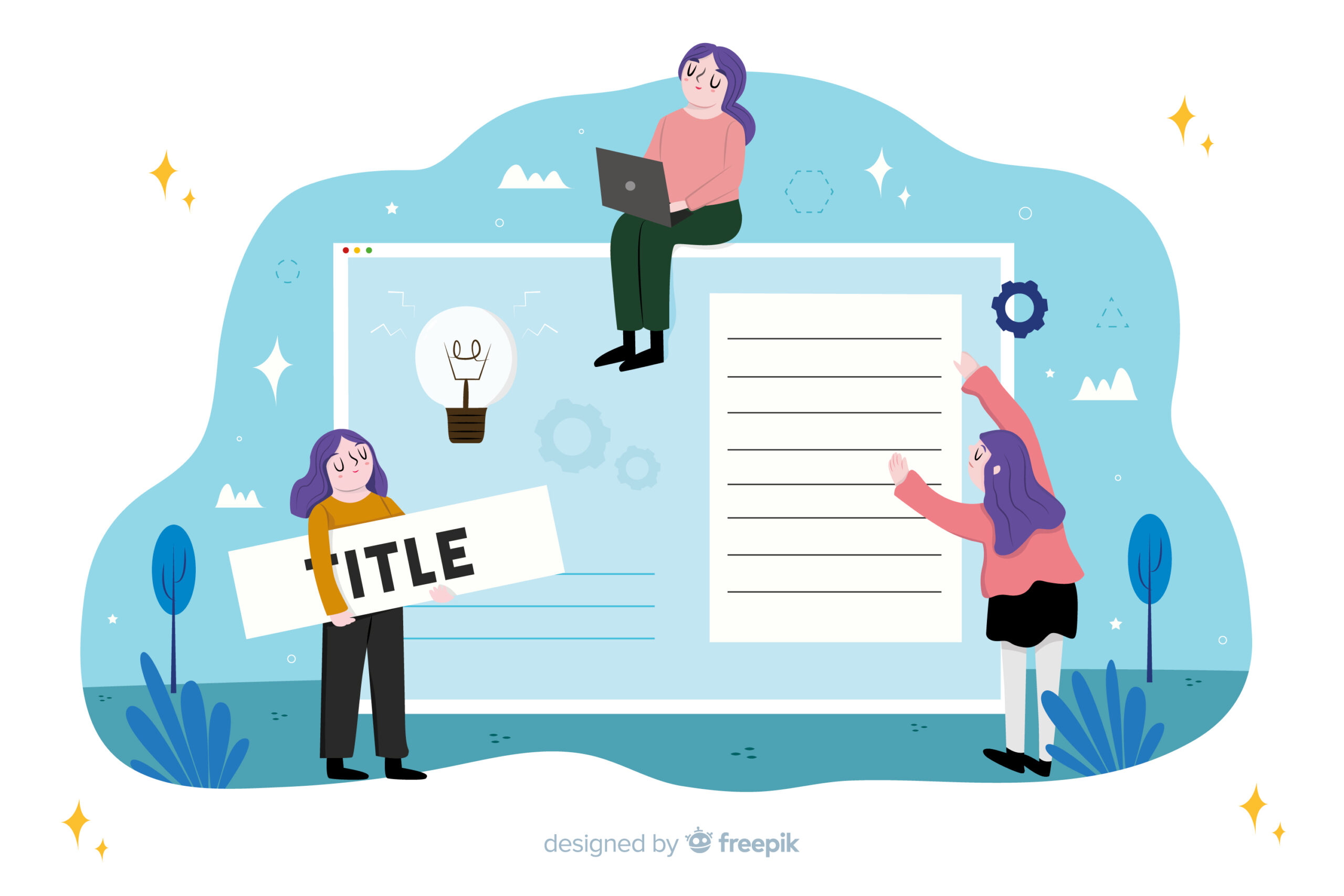 Illustration of a team creating write about us page with one person writing on a laptop, another adding the page title, and another organizing the content on a digital screen, symbolizing collaboration, storytelling, and brand identity building.